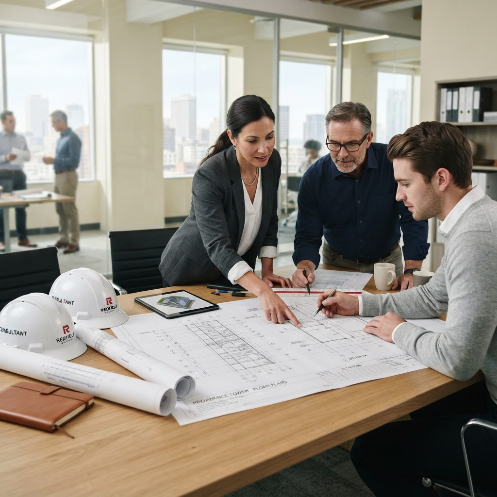 Consultores revisando planos arquitectónicos sobre una mesa