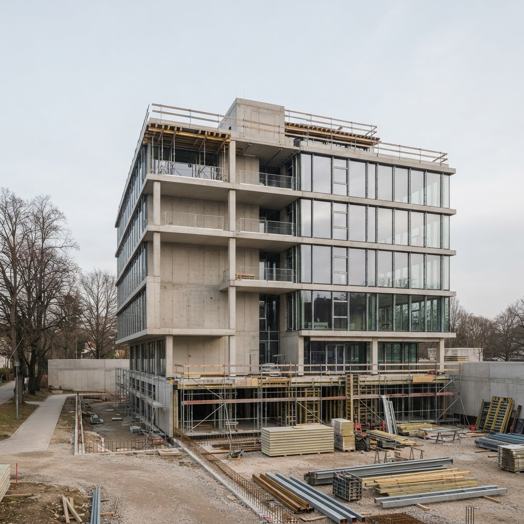 Edificio moderno de concreto y vidrio en construcción